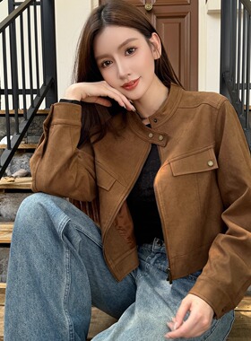 浅布调QBD 春秋立领复古咖色小个子麂皮绒外套宽松高级感短款上衣