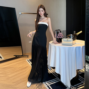 浅布调春夏 生日裙轻礼服裙抹胸网纱吊带连衣裙小香风露肩长裙子