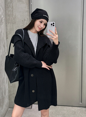 浅布调高级感黑色翻领中长款加厚毛衣外套女慵懒外搭针织开衫上衣