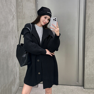 浅布调高级感黑色翻领中长款加厚毛衣外套女慵懒外搭针织开衫上衣