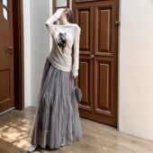 浅布调QBD四季 复古重工褶皱高腰双层网纱长裙大摆拖地裙A字半身裙