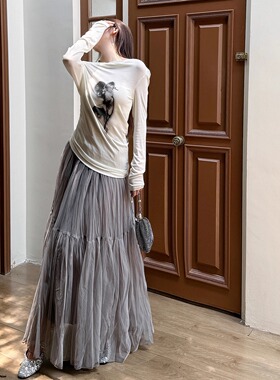 浅布调QBD四季复古重工褶皱高腰双层网纱长裙大摆拖地裙A字半身裙