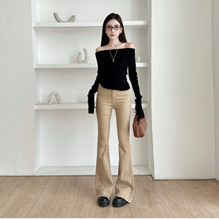 浅布调美式复古卡其色微喇牛仔裤女高腰修身弹力显瘦高个子加长裤