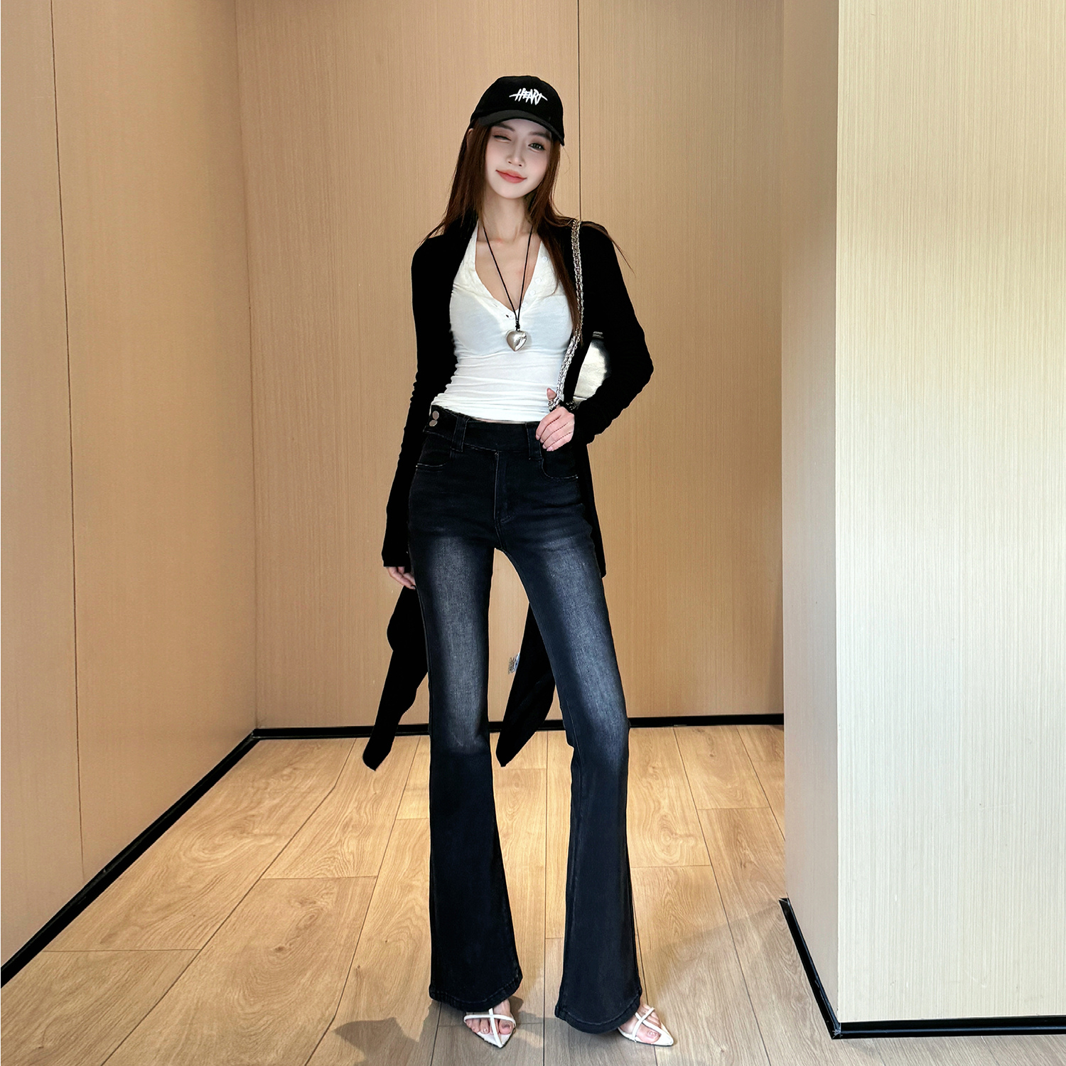 宽腰封中低腰拖地加长牛仔微喇裤