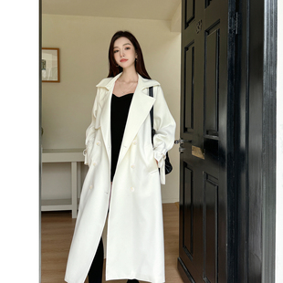 浅布调春季高级感白色风衣中长款垂感休闲气质绑带双排扣大衣外套