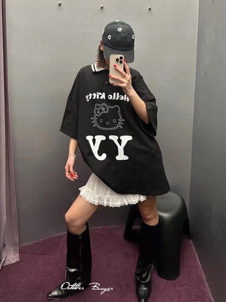 구매자 매장  현장 오픈 YY 여름 새 스타일 YU SHUXIN 같은 스타일 인쇄 느슨한 반팔 폴로 셔츠 여성용