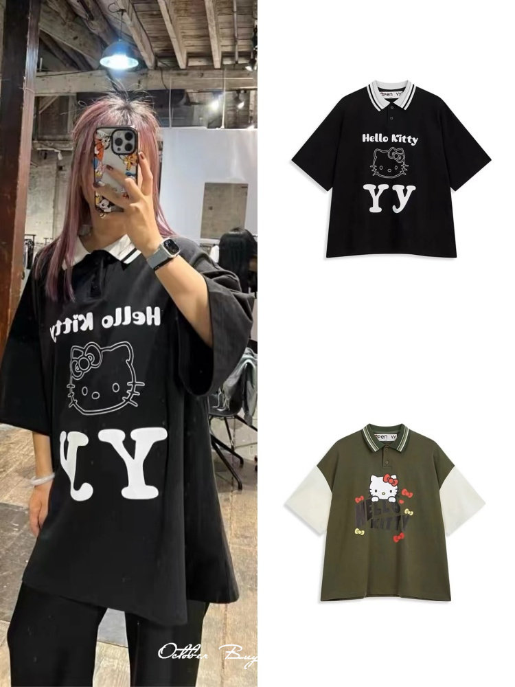 구매자 매장  현장 오픈 YY 여름 새 스타일 YU SHUXIN 같은 스타일 인쇄 느슨한 반팔 폴로 셔츠 여성용