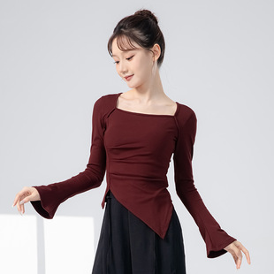 现代舞不规则练功服斜边长袖舞蹈服方领褶皱修身古典舞形体上衣女