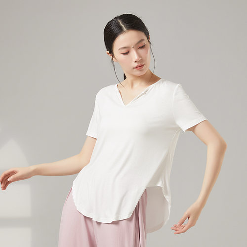 爵士舞宽松V领练功服弧边长袖T恤设计感慵懒现代舞形体上衣成人女