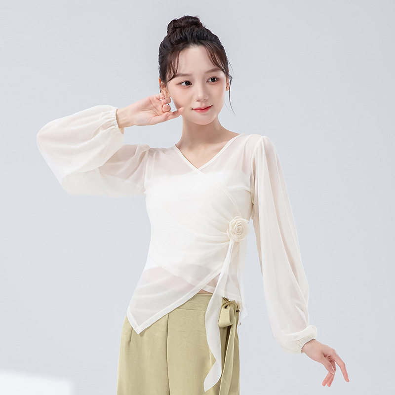 古典舞练功服成人新款仙气灯笼袖纱衣飘逸身韵舞蹈服交叉花朵上衣