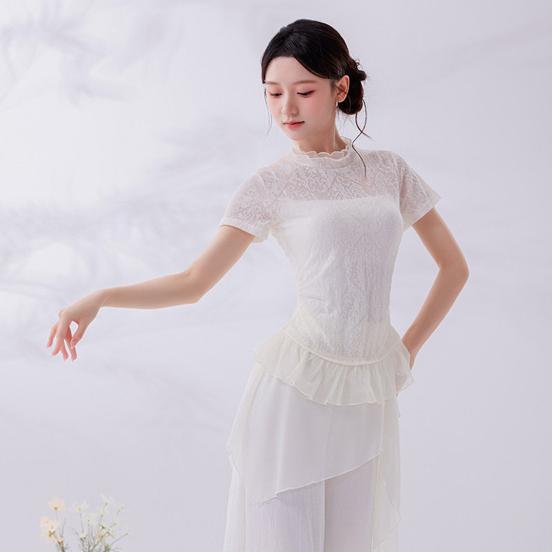 仙气半透明蕾丝舞蹈服立领花边荷叶摆修身短袖中国古典舞上衣成人