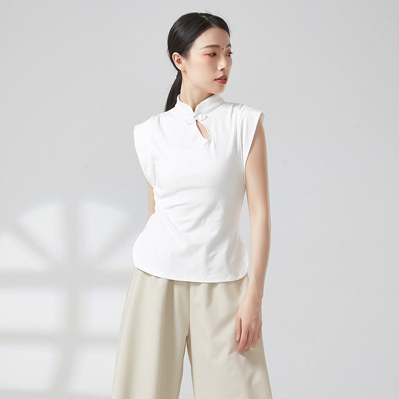 现代舞盘扣无袖衫练功服旗袍领小飞袖背心古典中国舞形体上衣成人