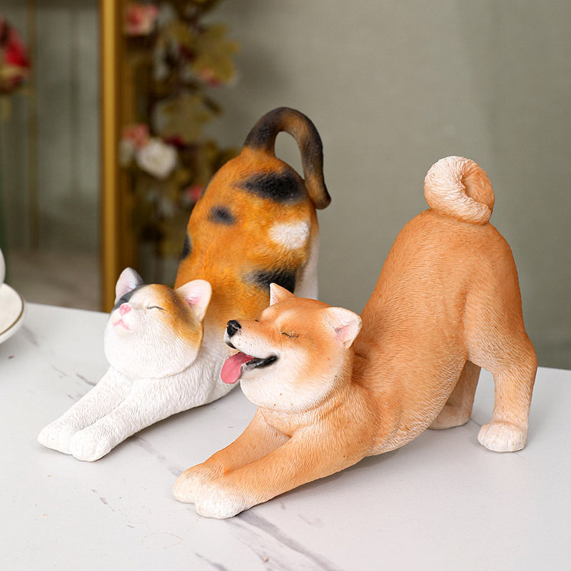 跨境货源仿真柴犬可爱萌感树脂三花猫模型桌面装饰摆件手机支架小
