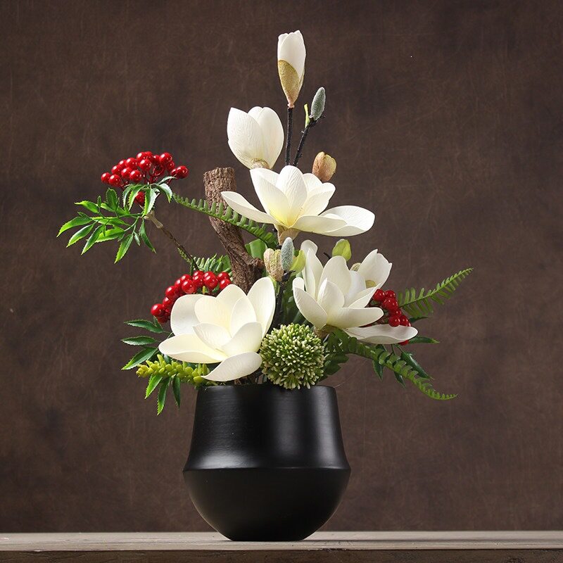 玉兰假花仿真花摆设餐桌花艺摆件 客厅桌面装饰花艺混合式插花