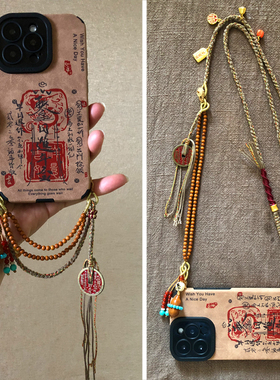 适用苹果17promax斜挎肩中国风手机壳iphone15plus16/14底坠侧提