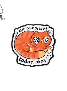 橙色泪眼猫咪金属徽章胸针我今天很敏感橘猫胸章可爱小猫衣服饰品