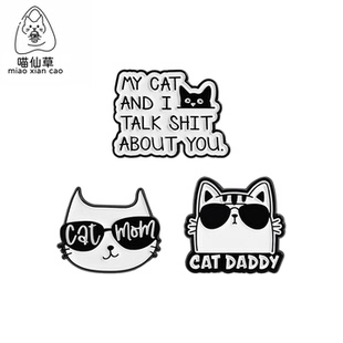 可爱小猫墨镜黑白线条金属徽章胸针pin猫爸爸猫妈妈胸章衣服饰品