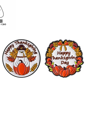 万圣节几何圆形花环丰收南瓜橙色金属徽章胸针pin扣针胸章衣饰品