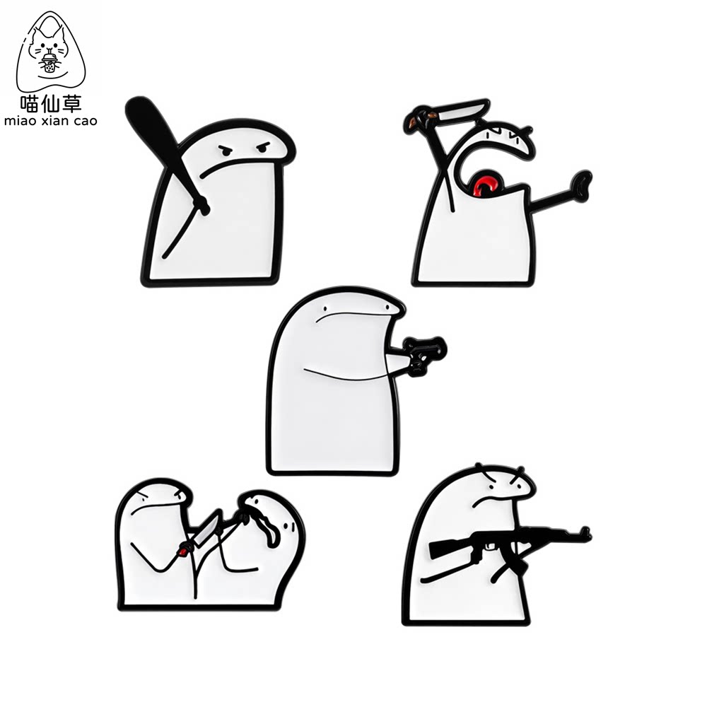 白色小人简笔画flork meme战斗愤怒可爱金属徽章胸针趣味胸章饰品