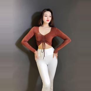 烫钻肚皮舞抽带上装 舞蹈上衣长袖 莫代尔沐熙佳 钻石领