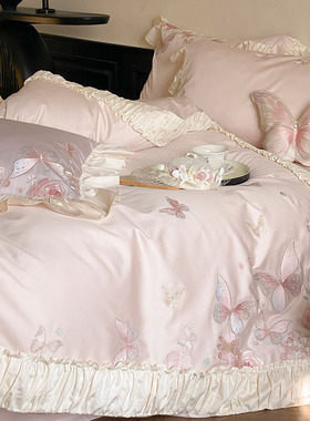 金喜鸟家纺高端大气法式公主风蝴蝶刺绣100支长绒棉四件套纯棉款