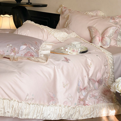 金喜鸟家纺高端大气法式公主风蝴蝶刺绣100支长绒棉四件套纯棉款