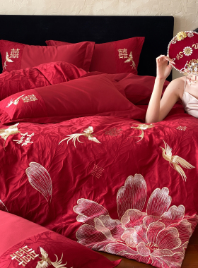金喜鸟双囍中式婚庆长绒棉四件套纯棉大红色结婚陪嫁床品新婚夫妇