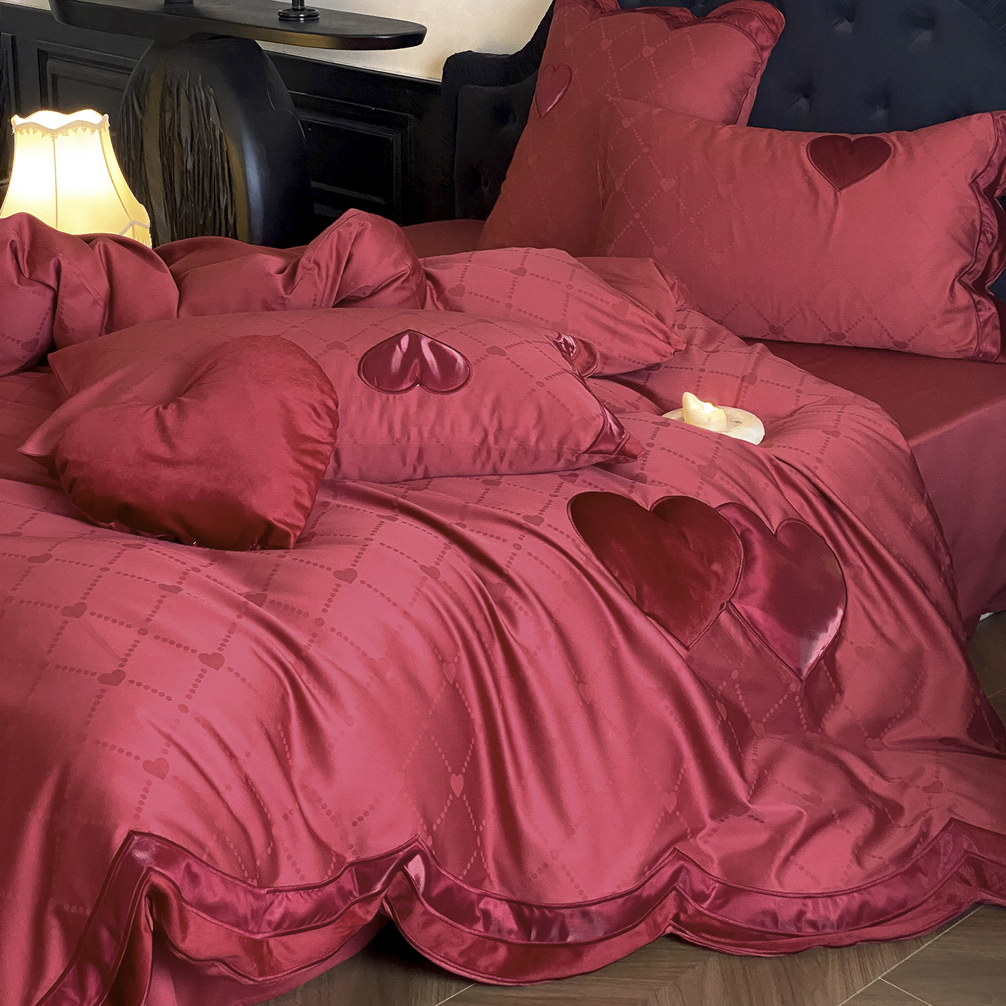 新中式婚庆大红色立体爱心被套全棉结婚四件套纯棉年轻人婚礼床品