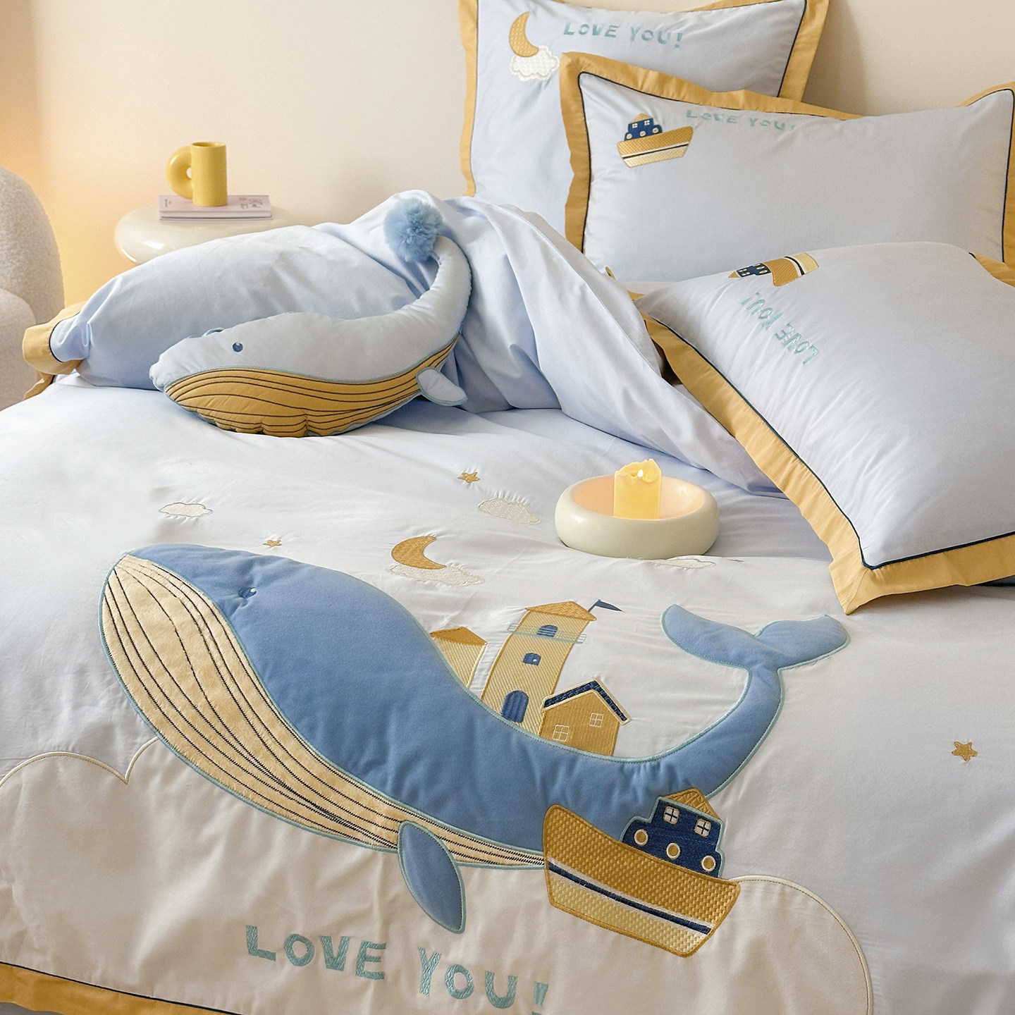 金喜鸟家纺可爱鲸鱼卡通儿童四件套纯棉全棉100支长绒棉床上用品,床上用品,床品套件/四件套/多件套,淘宝优惠券,粉丝福利购,淘宝优惠卷