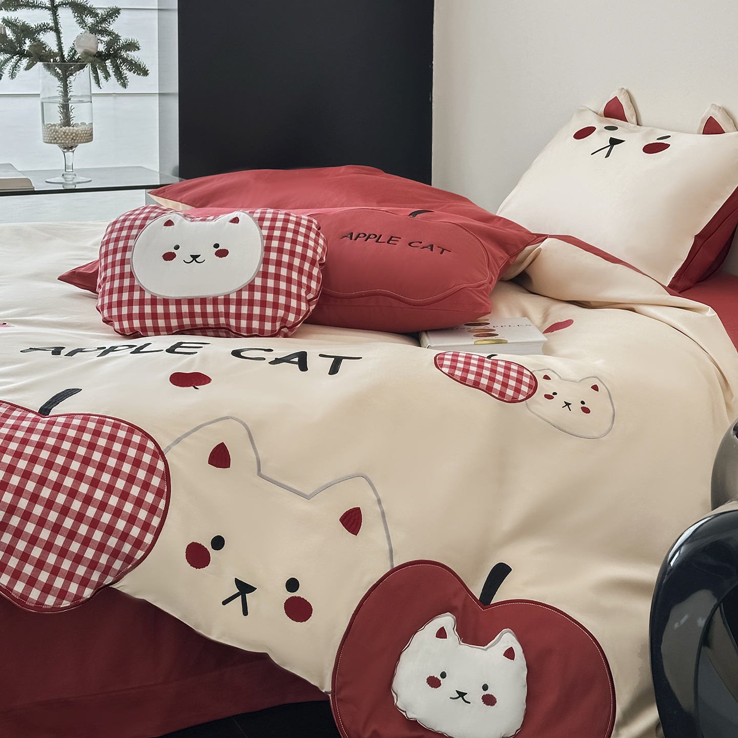 少女心苹果猫长绒棉四件套