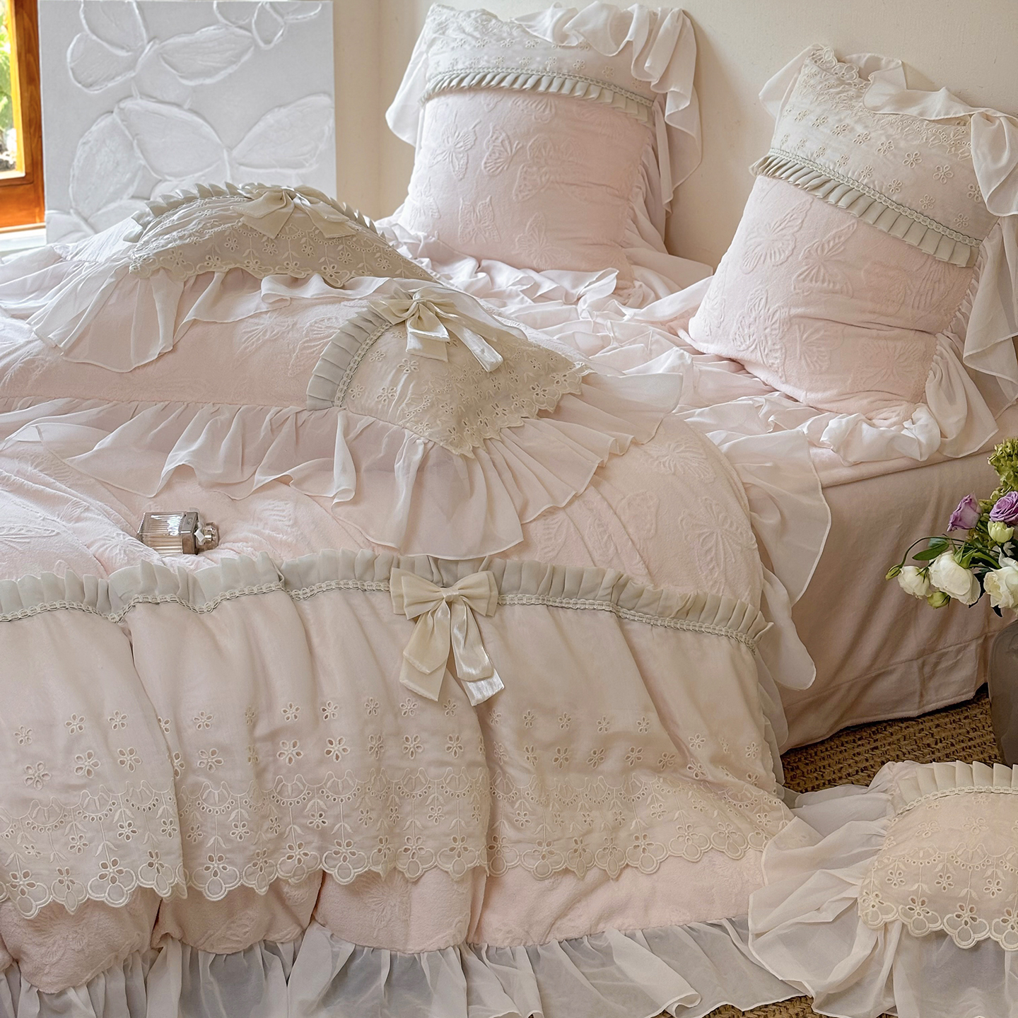 蝴蝶结保暖牛奶绒公主风四件套