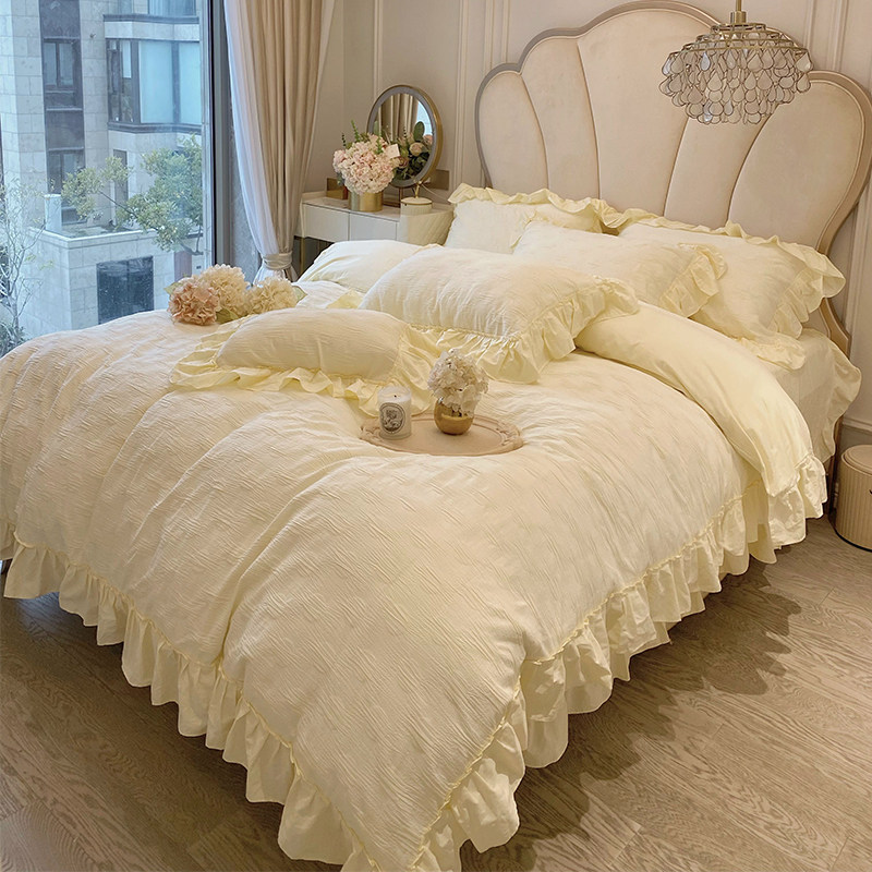 网红泡泡奶油黄纯色水洗棉四件套全棉纯棉少女心床单被套床上用品