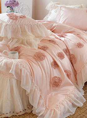 金喜鸟家纺公主风蕾丝床裙款四件套全棉纯棉140s长绒棉加厚床盖