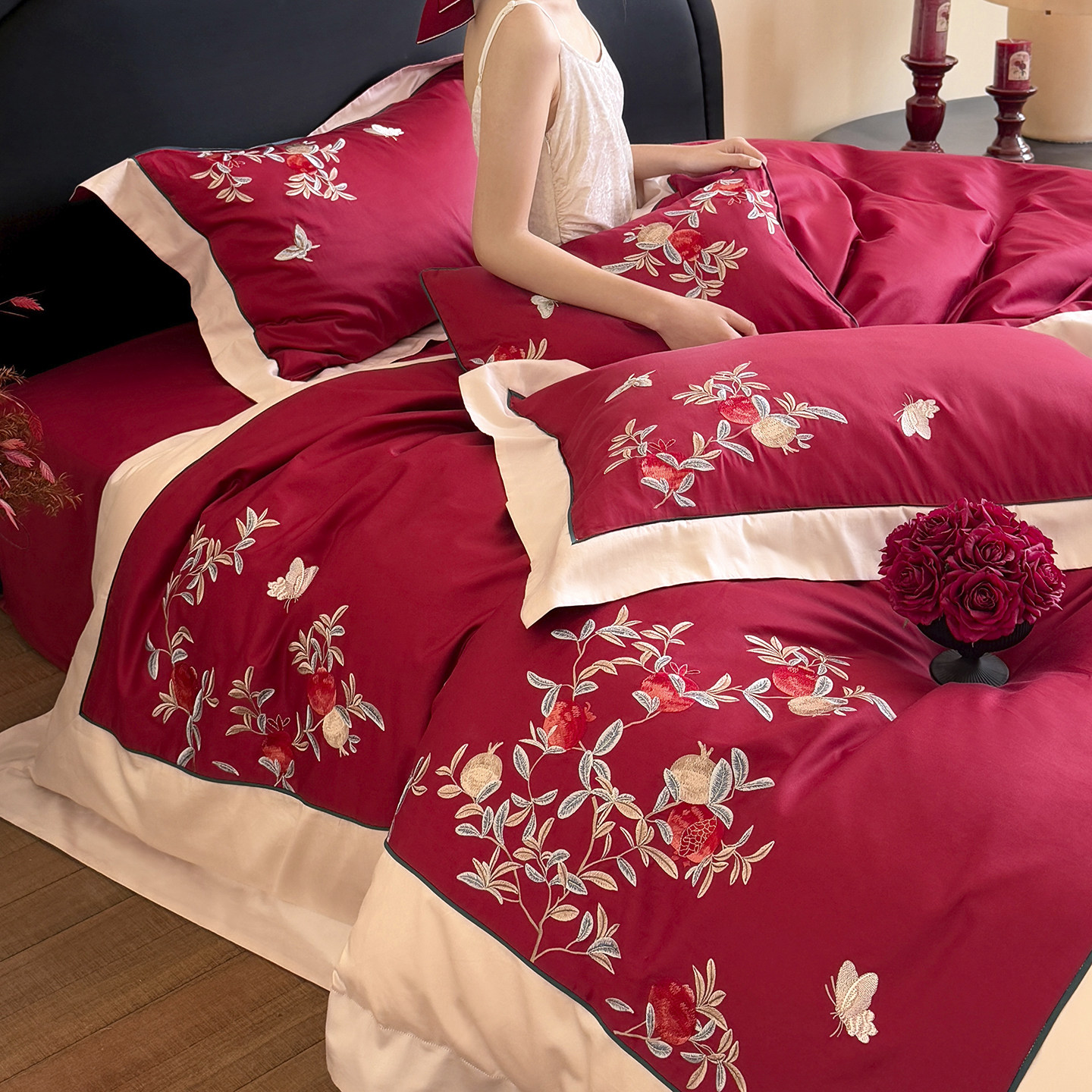 繁花锦嫁 大红色结婚婚庆床品四件套纯棉新婚嫁娶喜被床单被套