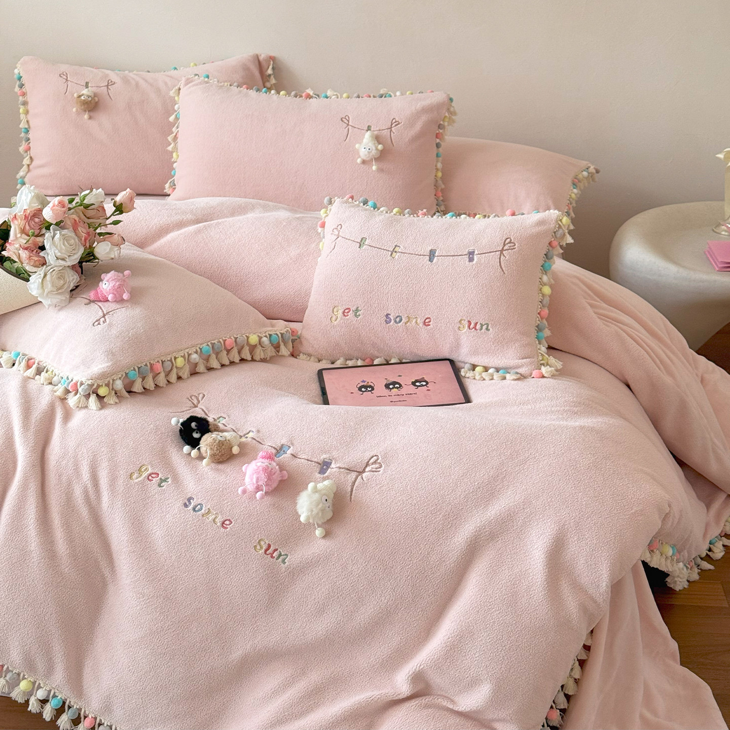 金喜鸟少女心流苏毛球卡通保暖绵羊绒毛绒牛奶绒四件套新款公主风