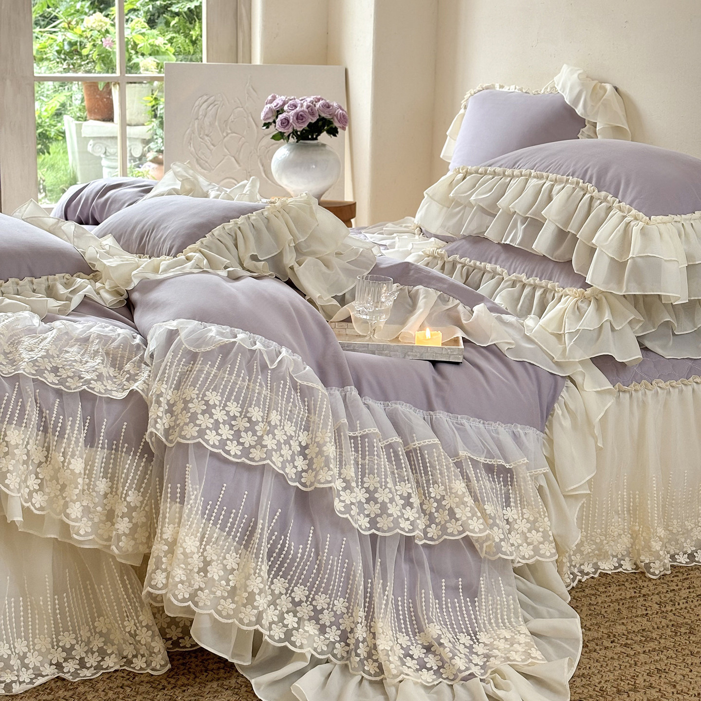 金喜鸟法式公主风蕾丝床盖婴儿绒冬季加厚保暖牛奶绒毛绒四件套