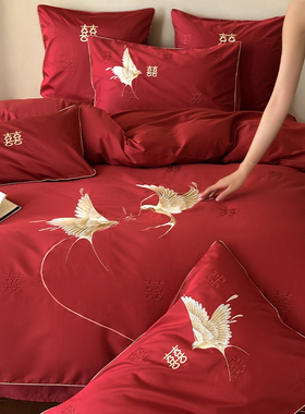 金喜鸟家纺高端婚庆刺绣100支红色结婚四件套全棉纯棉结婚陪嫁