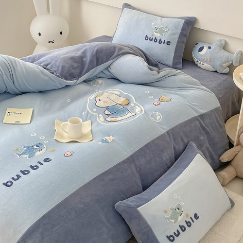 可爱小鳄鱼卡通保暖牛奶绒四件套