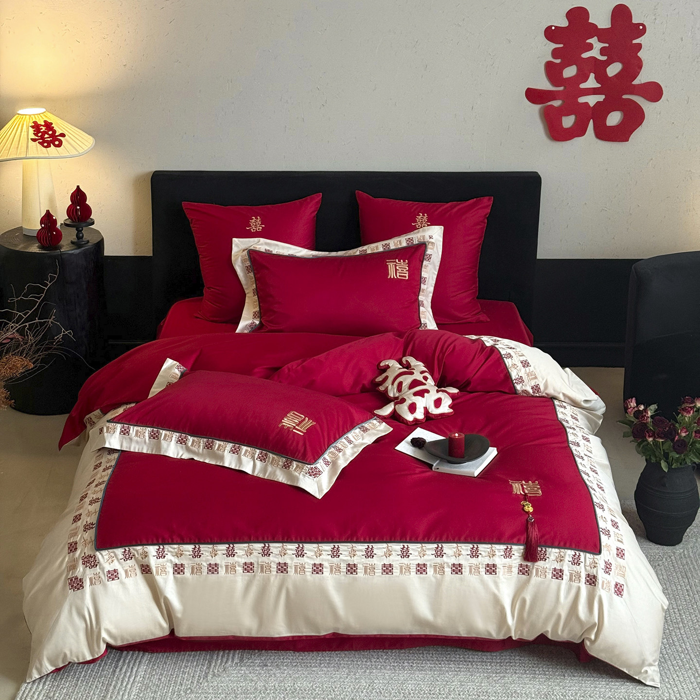 迎囍新中式流苏刺绣结婚四件套全棉纯棉婚庆大红色喜事陪嫁年轻人,床上用品,婚庆床品套件,淘宝优惠券,粉丝福利购,淘宝优惠卷
