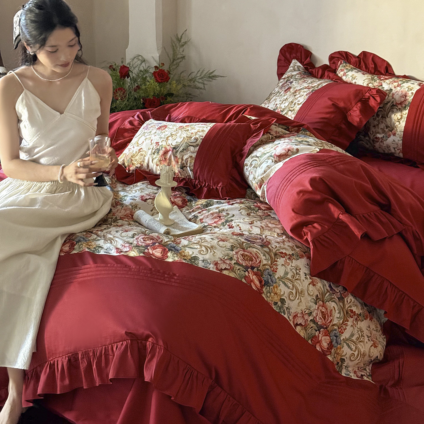 法式红色花卉四件套纯棉结婚床品高级感婚庆新婚夫妇床单被罩陪嫁