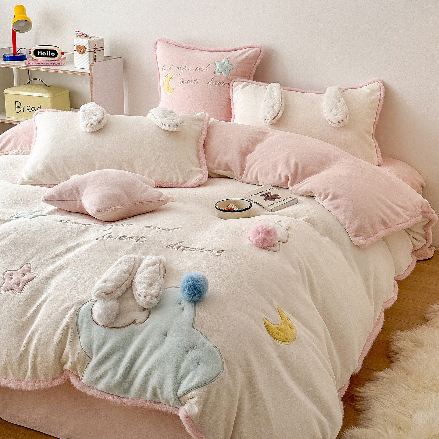 金喜鸟家纺卡通可爱兔子耳朵被套粉色冬季牛奶绒毛绒四件套新款,床上用品,床品套件/四件套/多件套,淘宝优惠券,粉丝福利购,淘宝优惠卷