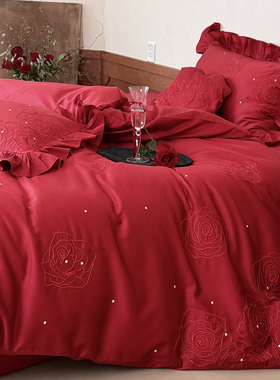 高端简约红色玫瑰花婚庆四件套纯棉荷叶边被套高级感结婚床上用品