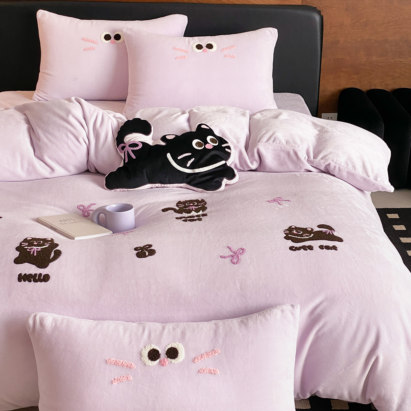 金喜鸟家纺可爱卡通猫咪被套女孩少女心粉色牛奶绒毛绒四件套冬季