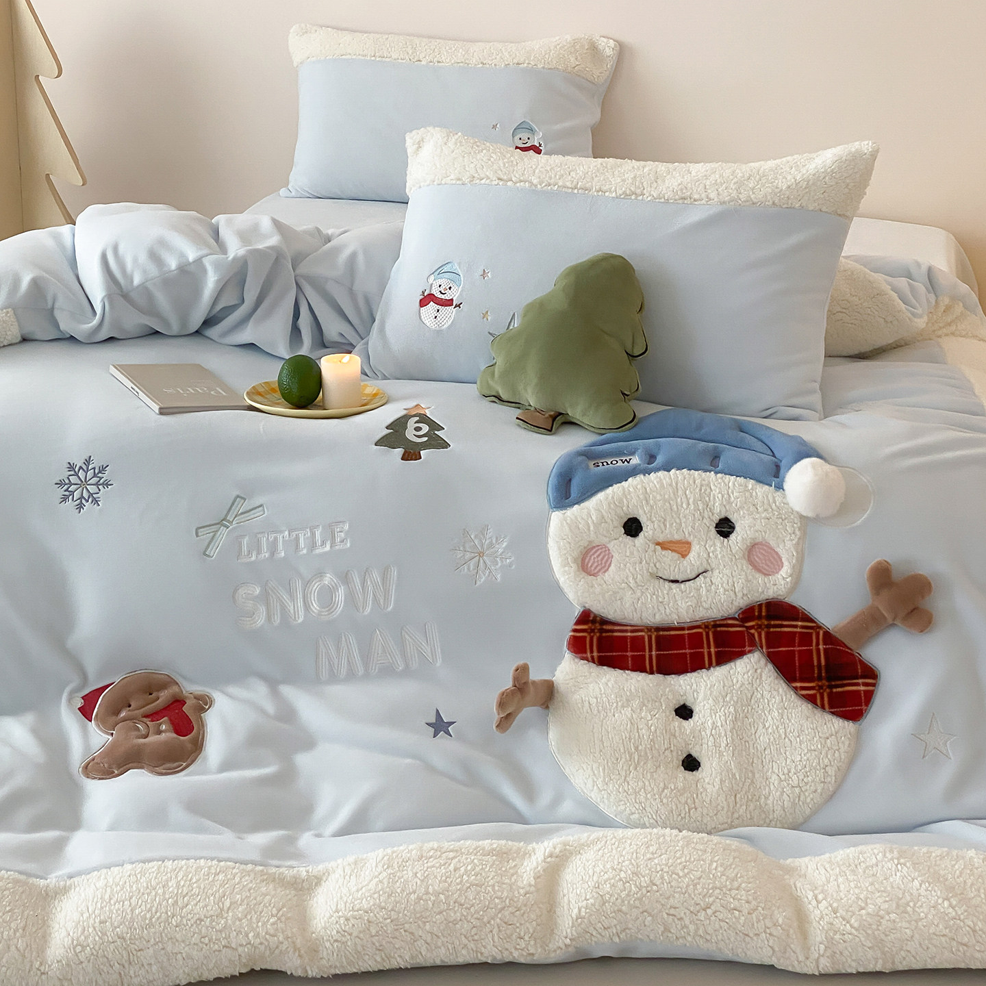 金喜鸟家纺可爱雪人卡通儿童保暖牛奶绒毛绒四件套2025新款加厚