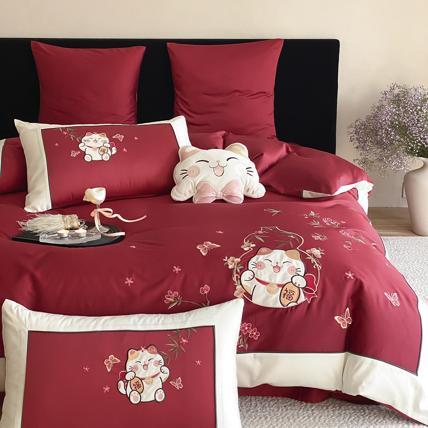 金喜鸟可爱风招财猫刺绣四件套大红色结婚婚庆床品喜事陪嫁年轻人,床上用品,婚庆床品套件,淘宝优惠券,粉丝福利购,淘宝优惠卷