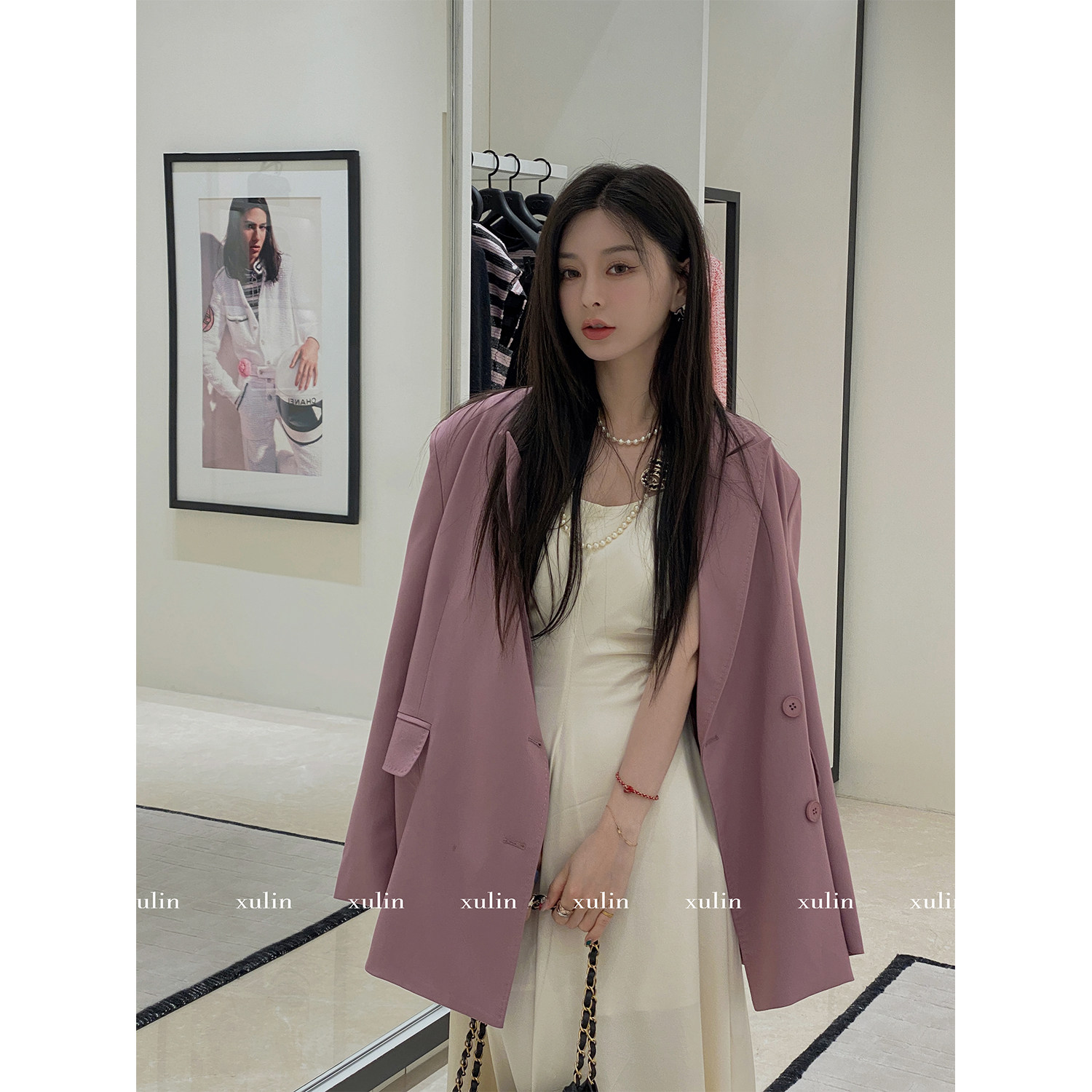徐琳mini 新款驳领立体h型tr西装高级感休闲通勤紫色西装外套女
