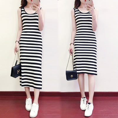 条纹莫代尔条纹背心修身连衣裙