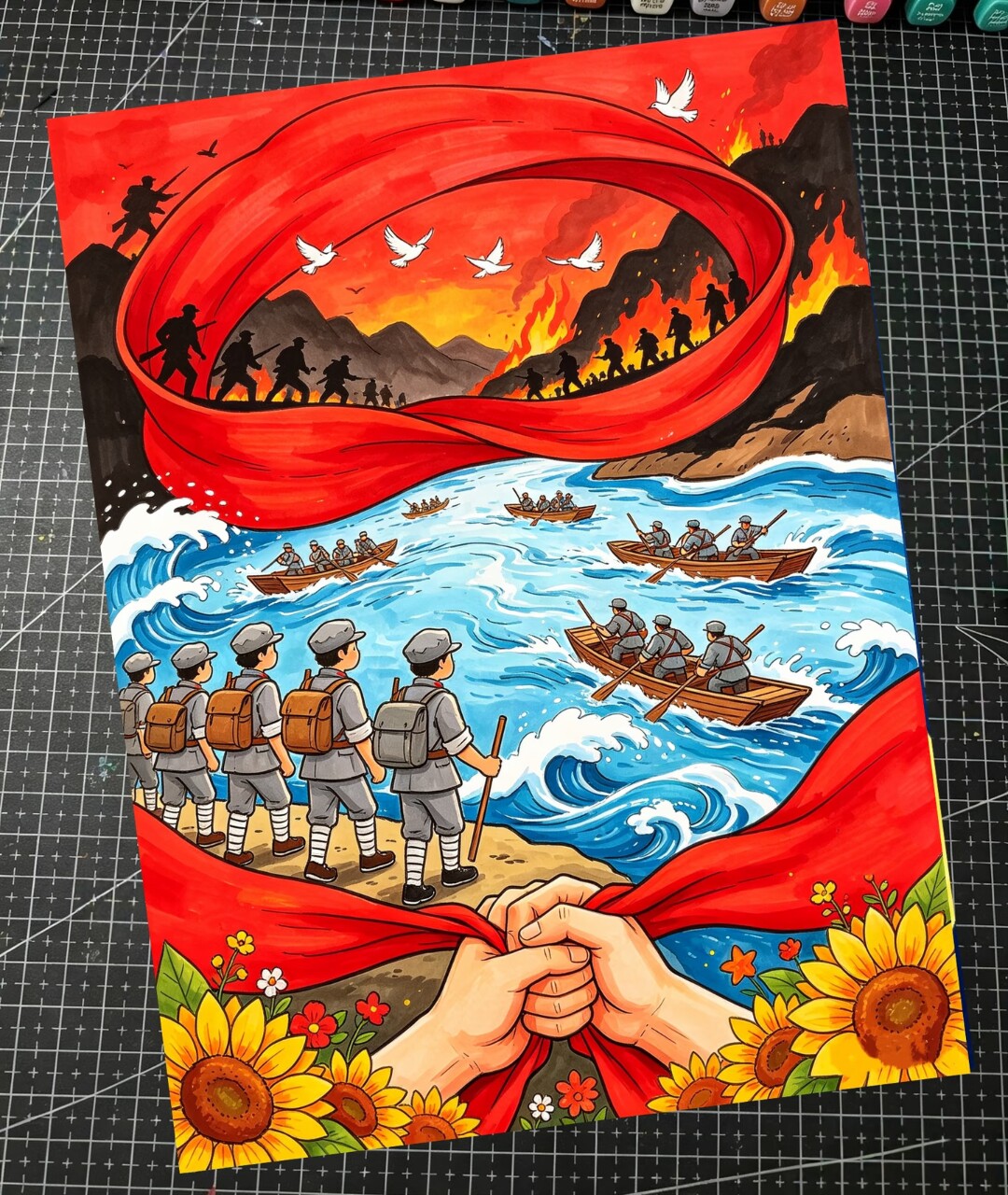 长征红色主题手绘画小学生爱国手抄报红军强渡黄河历史主题画作品