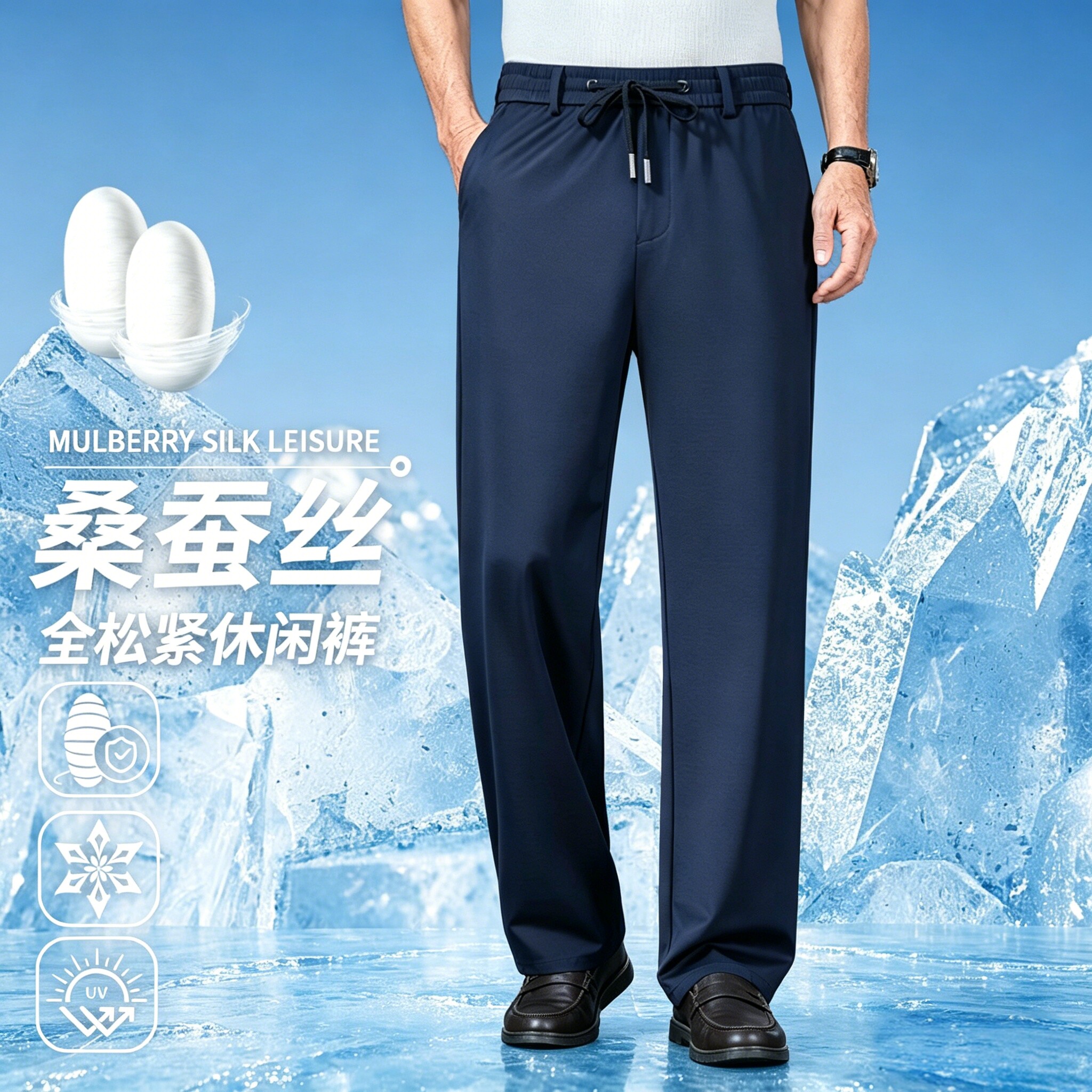 春夏男士薄款桑蚕丝丝绸裤子全松紧休闲裤宽松防晒日常透气运动