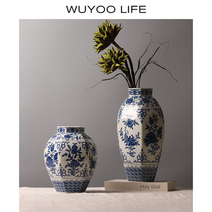 新中式禅意复古青花瓷陶瓷花瓶装饰摆件可水培客厅玄关插花装饰品